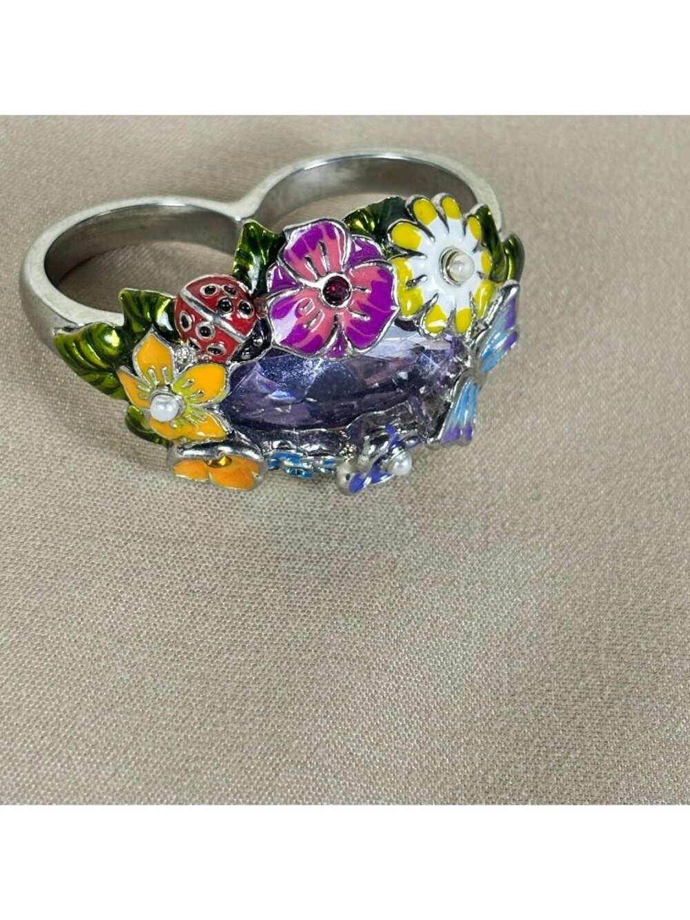 VTG Y2K Fairycore Floral Butterfly Enamel Purple Rhinestone Two-Finger Ring C44